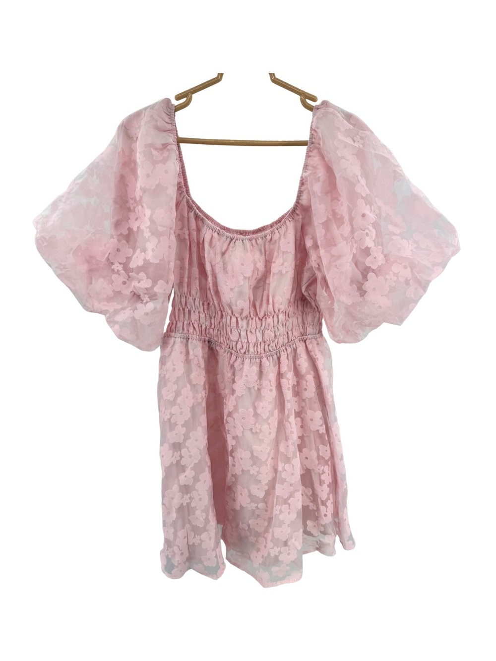 Peach Love California Light Pink Mini Dress Floral Texture puff sleeve L girly
